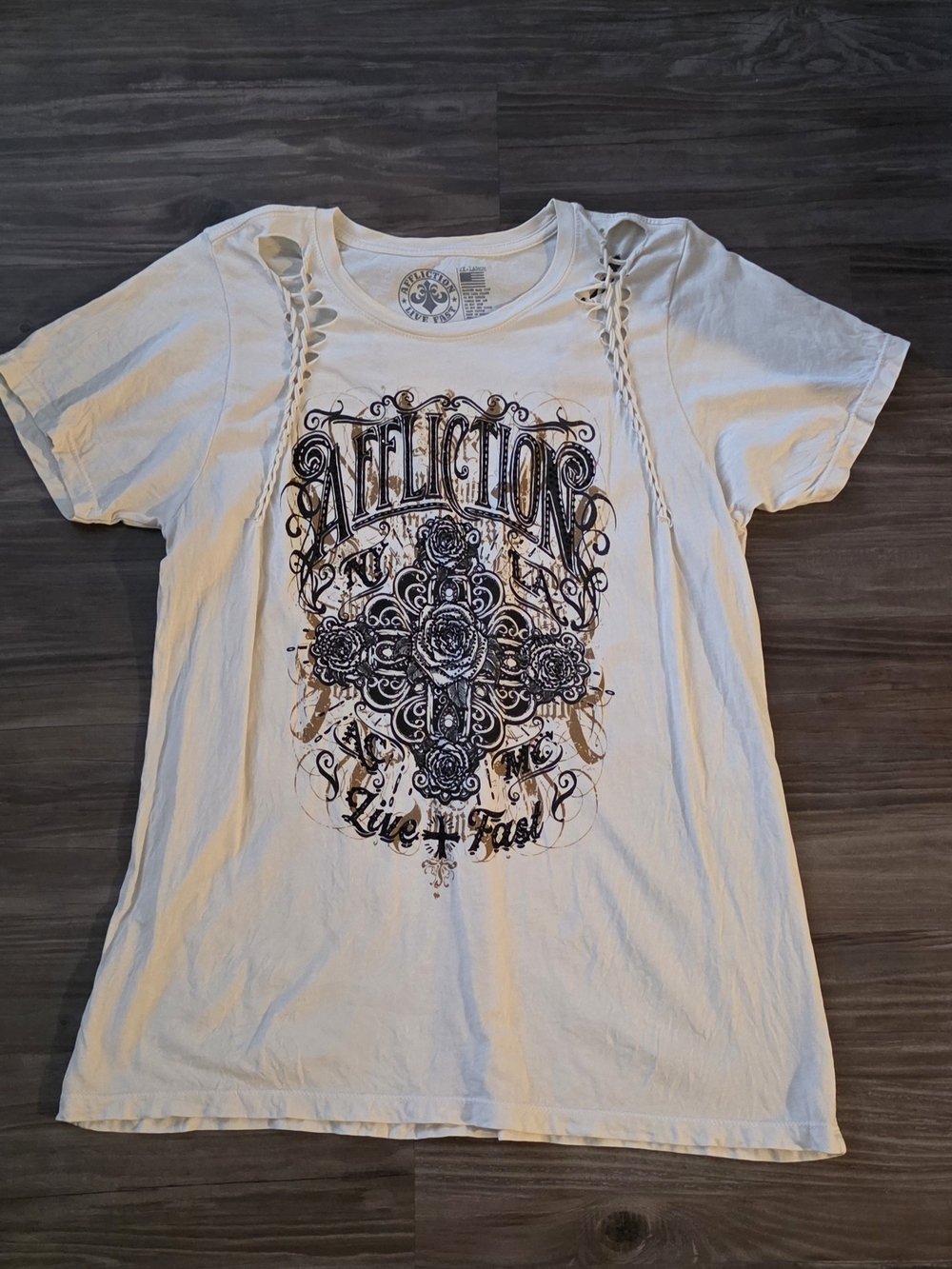 Affliction White Graphic Lace-Up Short Sleeve Tee